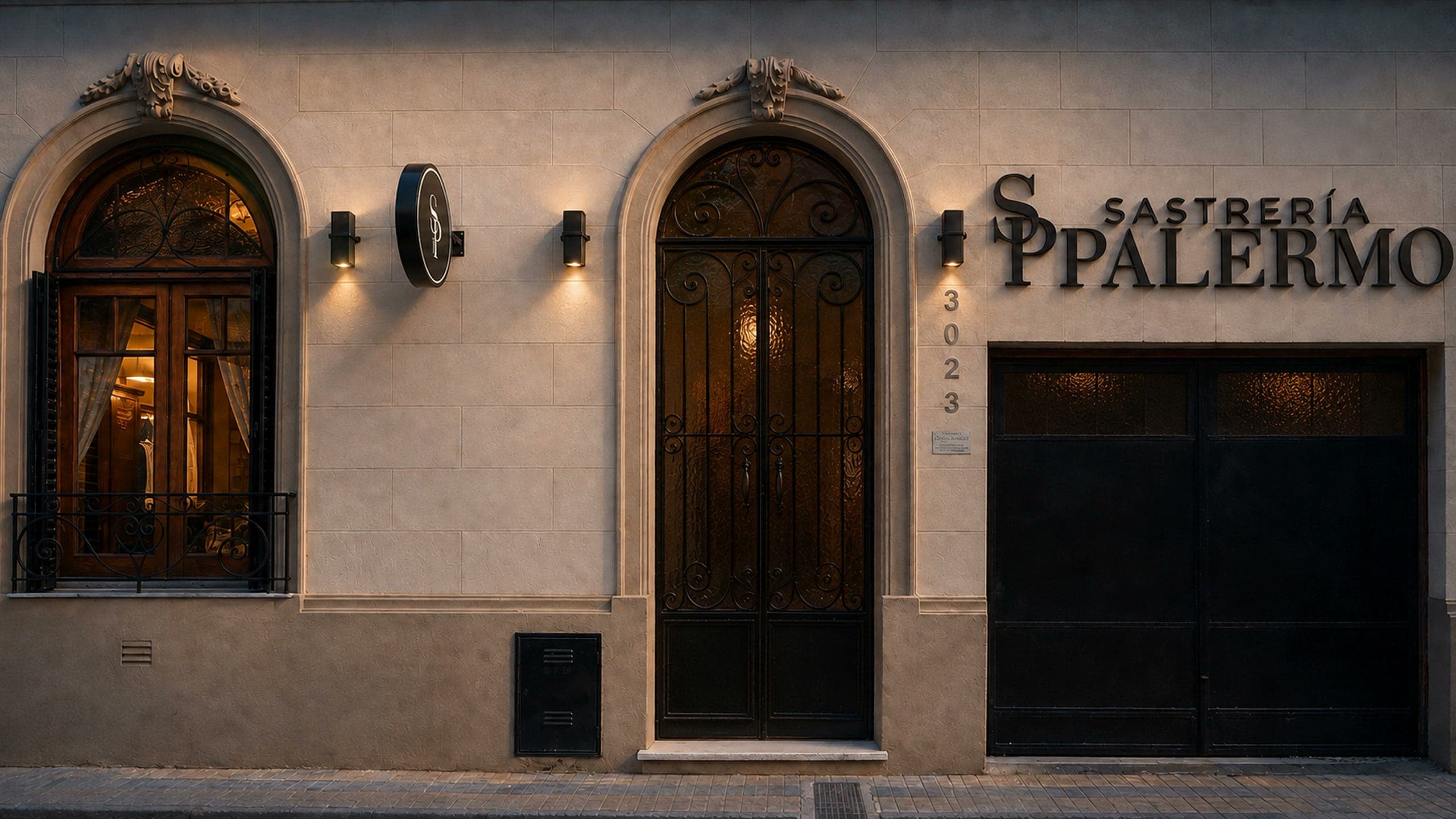 La fachada de Sastrería Palermo al anochecer: la puerta de arco, el cartel circular y el número 3023